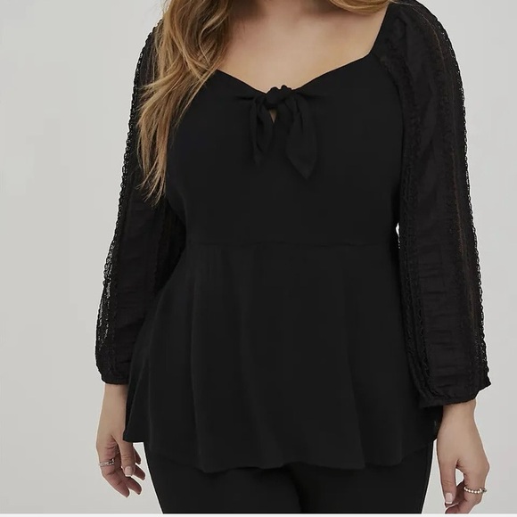 torrid Tops - Torrid Black Tie Front Peplum Blouse Gauze Lace Sleeve
